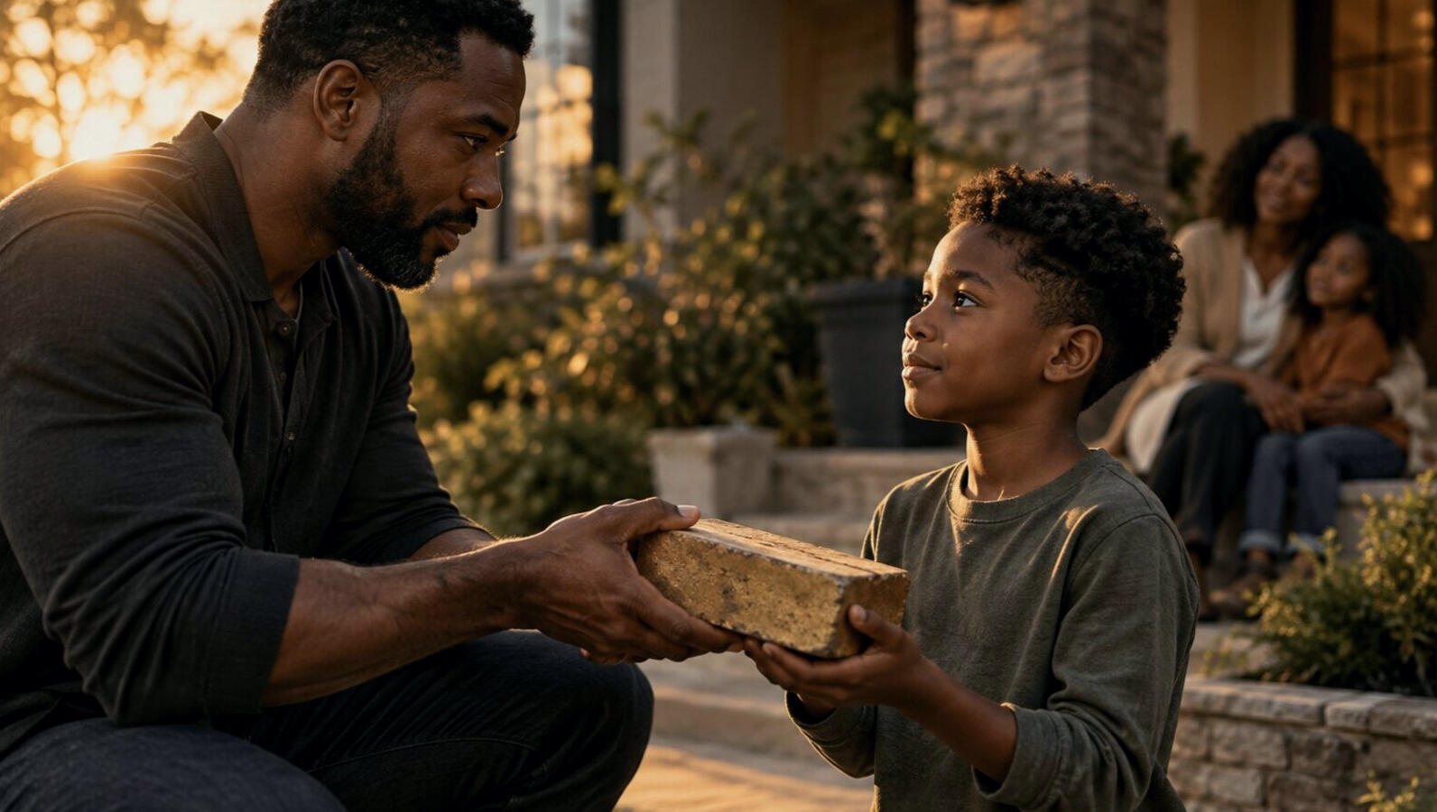 Father passing a foundation brick to his son